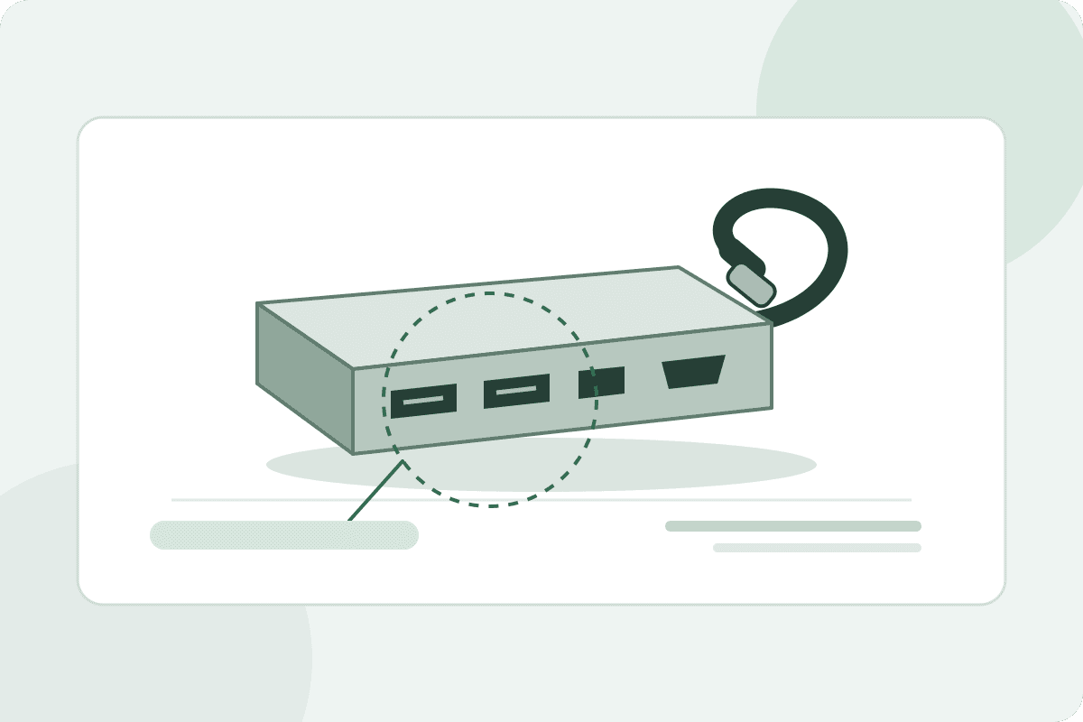 Illustrated USB hub with a circle highlighting the ports; not specifications for a real product