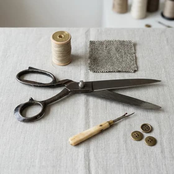 Fabric and sewing tools arranged from above as a scene-style reference