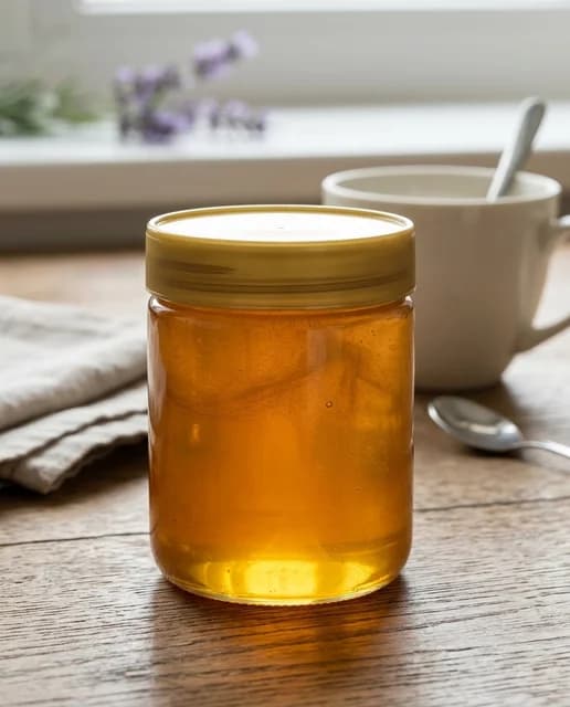 برطمان عسل بغطاء ذهبي بجانب كوب على سطح خشبي